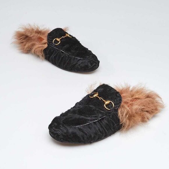 Gucci Black Shearling and Fur Princetown Mule Flats Size 4.5/35 - Picture 1 of 4